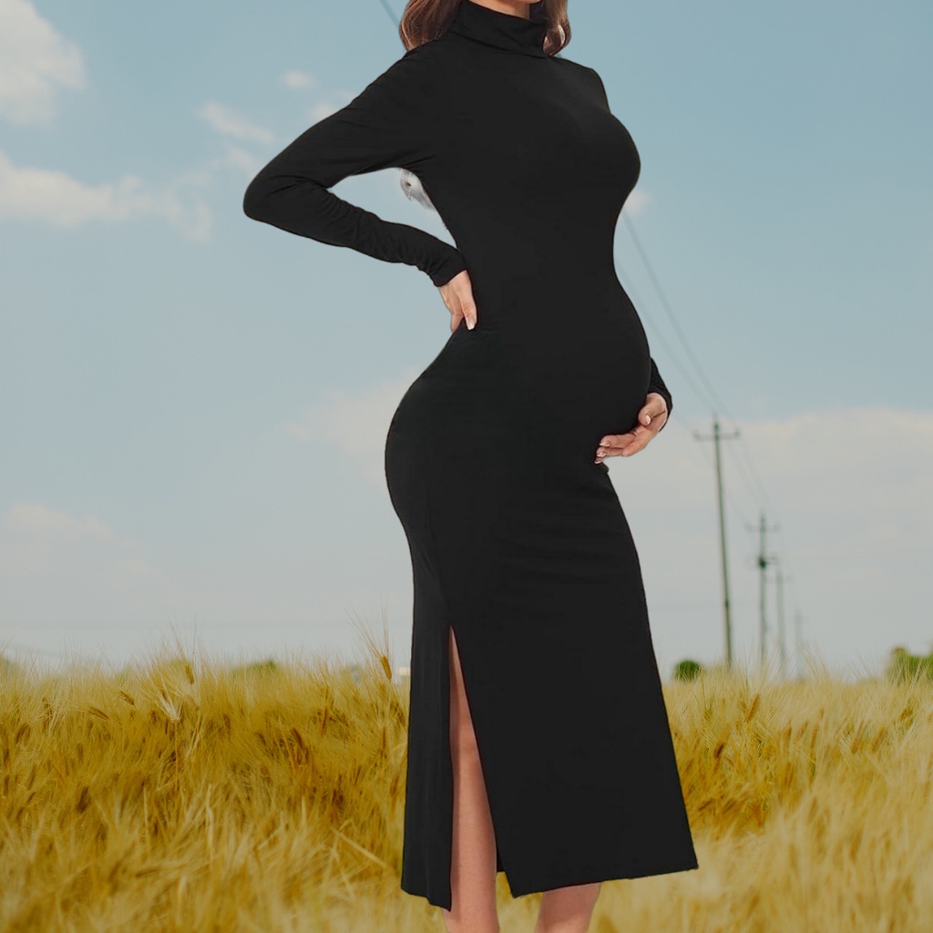 95-180斤大尺碼孕婦寫真服裝 影樓攝影新款洋裝黑色性感彈力開叉中領長袖孕婦寫真洋裝 藝術照 孕寫真衣服 寫真照 孕婦