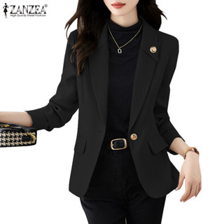 Zanzea 女式韓版長袖裝飾口袋翻蓋純色西裝外套