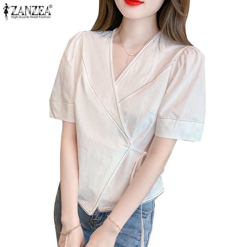 Zanzea 女式韓版短袖蕾絲拼接交叉 V 領襯衫