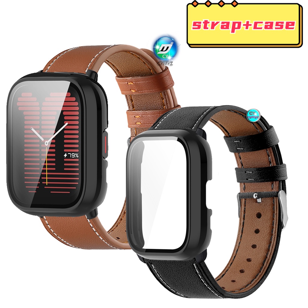 Amazfit 有源錶帶皮革錶帶適用於 amazfit 有源智能手錶錶帶運動腕帶 amazfit 有源錶殼屏幕保護膜