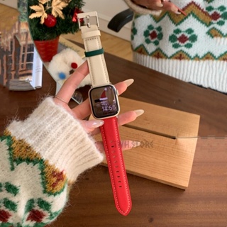 聖誕款小羊皮錶帶 適用於 Apple Watch 9 S8 7 6 5 SE 真皮錶帶 41mm 45mm 蘋果手錶錶帶