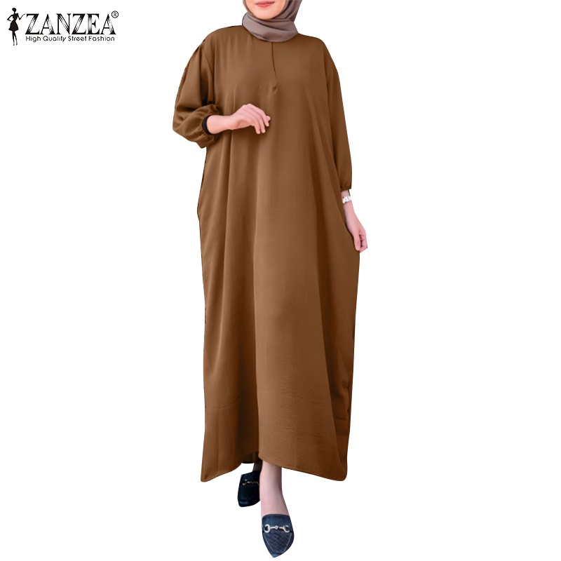 Zanzea 女士穆斯林寬鬆時尚 O 領純色日常休閒連衣裙