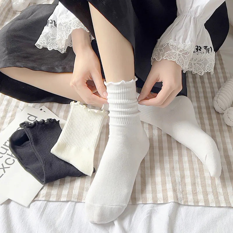 日系白色襪子女中筒jk制服堆堆襪泡泡口花邊lolita長襪春夏季黑白