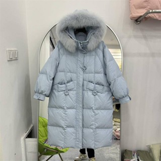 羽絨服女2023年冬季中長款設計感大釦子加厚長款大毛領顯瘦外套