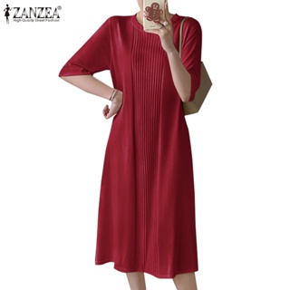 Zanzea 女式韓版休閒時尚圓領半袖條紋寬鬆連衣裙