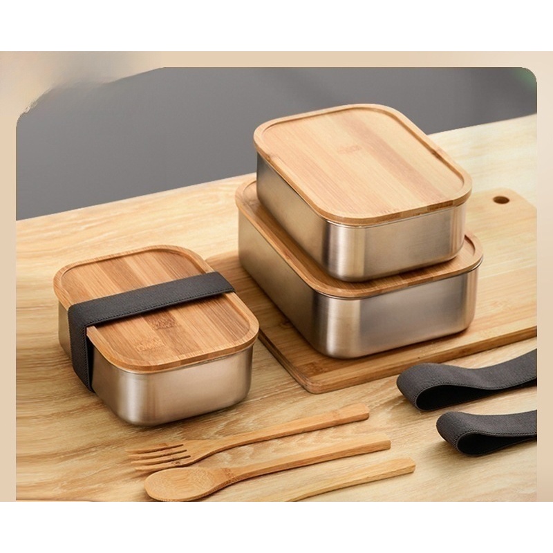 居家生活保鮮盒便當盒不鏽鋼竹木蓋日式飯盒 304食品級不鏽鋼戶外便攜便當餐盒
