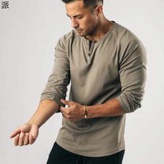 秋季新款運動長袖男 復古亨利衫 運動休閒亨利領棉質T恤 健身打底衫 上衣男 短袖T恤男