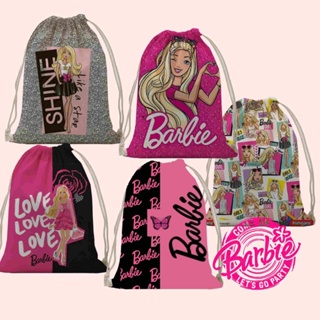卡通兒童捆綁口袋芭比主題彩色印花圖案戶外便攜背包化妝品收納袋購物輕便時尚女孩禮物