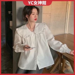 YC女神館🔥小清新木耳邊娃娃領甜美韓版寬鬆復古洋氣襯衫上衣女2023新款 JIW6