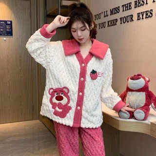 可愛珊瑚絨睡衣女法蘭絨套裝秋冬保暖家居服刷毛