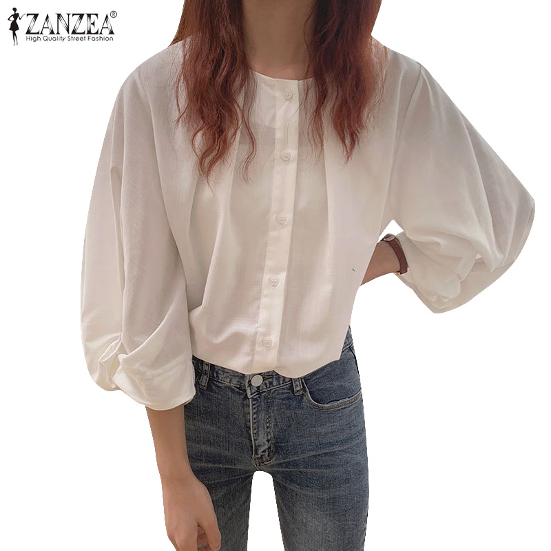 Zanzea 女式韓版時尚 3/4 袖圓領扭褶鈕扣襯衫