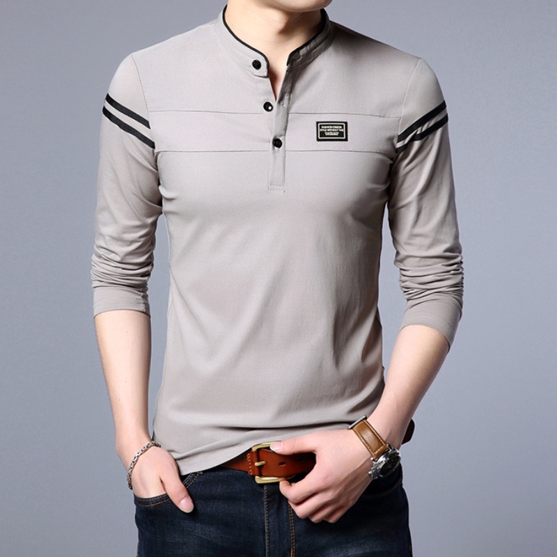 純棉 長袖 T恤 男士 薄款 立領 緊身型 POLO衫 時尚都市 韓版 素色 男式上衣