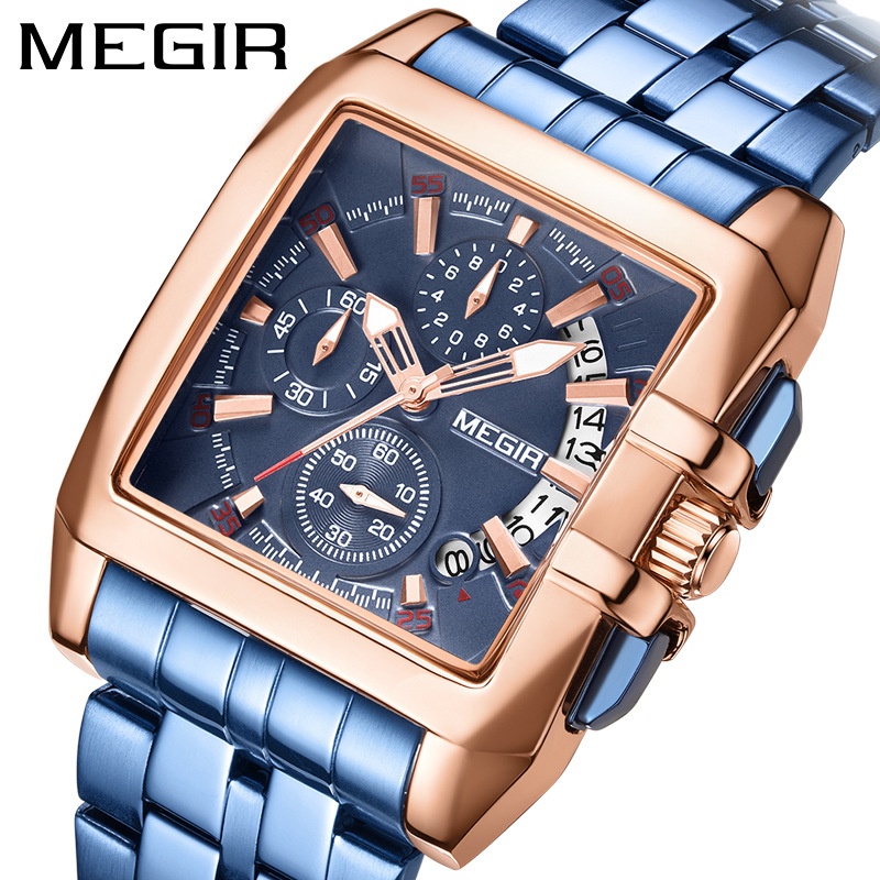 MEGIR品牌手錶 2018 多功能計時鋼帶石英錶 日曆,小三針夜光防水 高級男士手錶