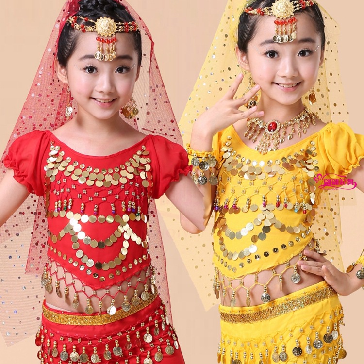 新款兒童肚皮舞服裝 少兒印度舞蹈表表演服小孩辣椒肚兜短袖上衣 CIJW