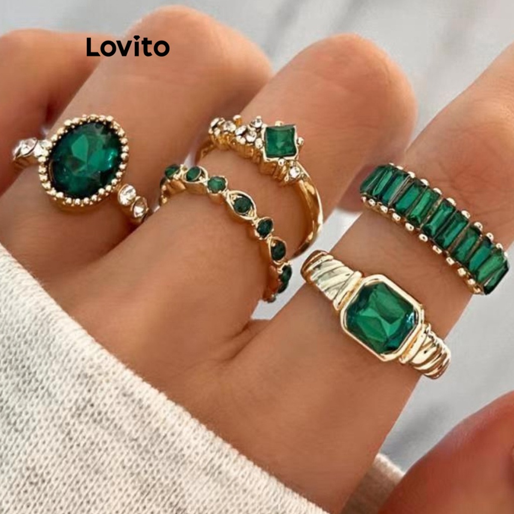 Lovito 女士休閒素色水鑽戒指 LFA02085 (綠色)