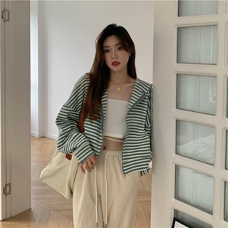 【HOT 本舖】 M-2XL 女裝外套 冬季女裝 寬鬆連帽外套 韓版連帽外套 休閒連帽外套 條紋薄款拉鏈外套女
