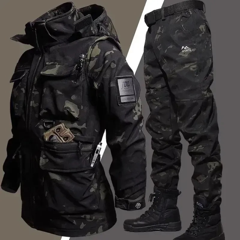 男士防水狩獵抓絨保暖套裝戶外軟殼飛行員夾克+多口袋耐磨工裝褲