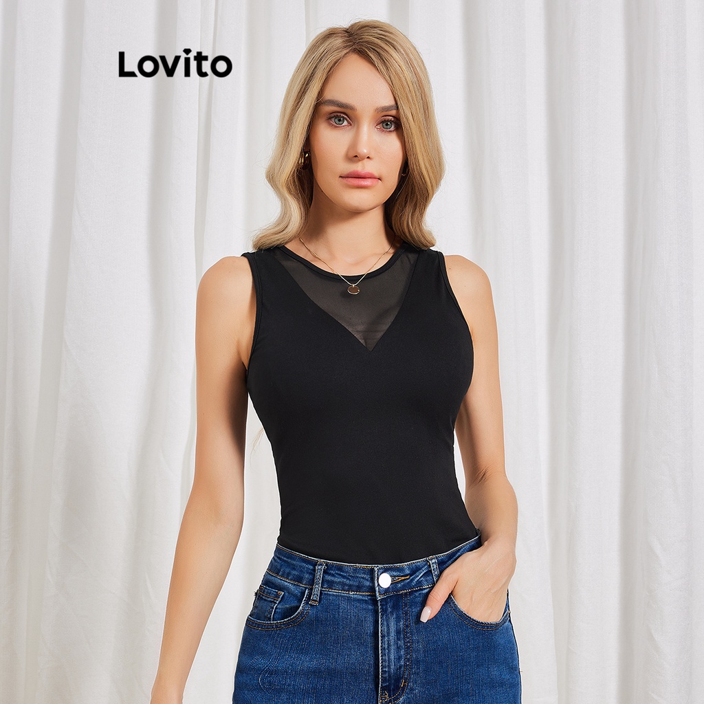 Lovito 女款性感素色網紗拼接背心 LBL06077 (黑色)