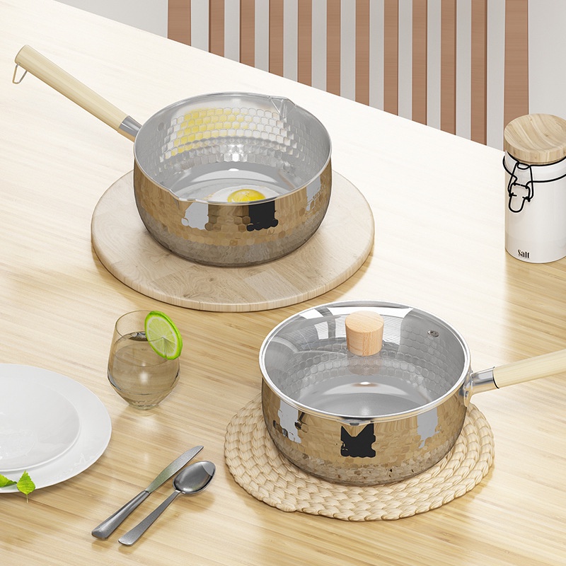 日式雪平鍋304不鏽鋼鍋無塗層小奶鍋木柄錘紋湯鍋