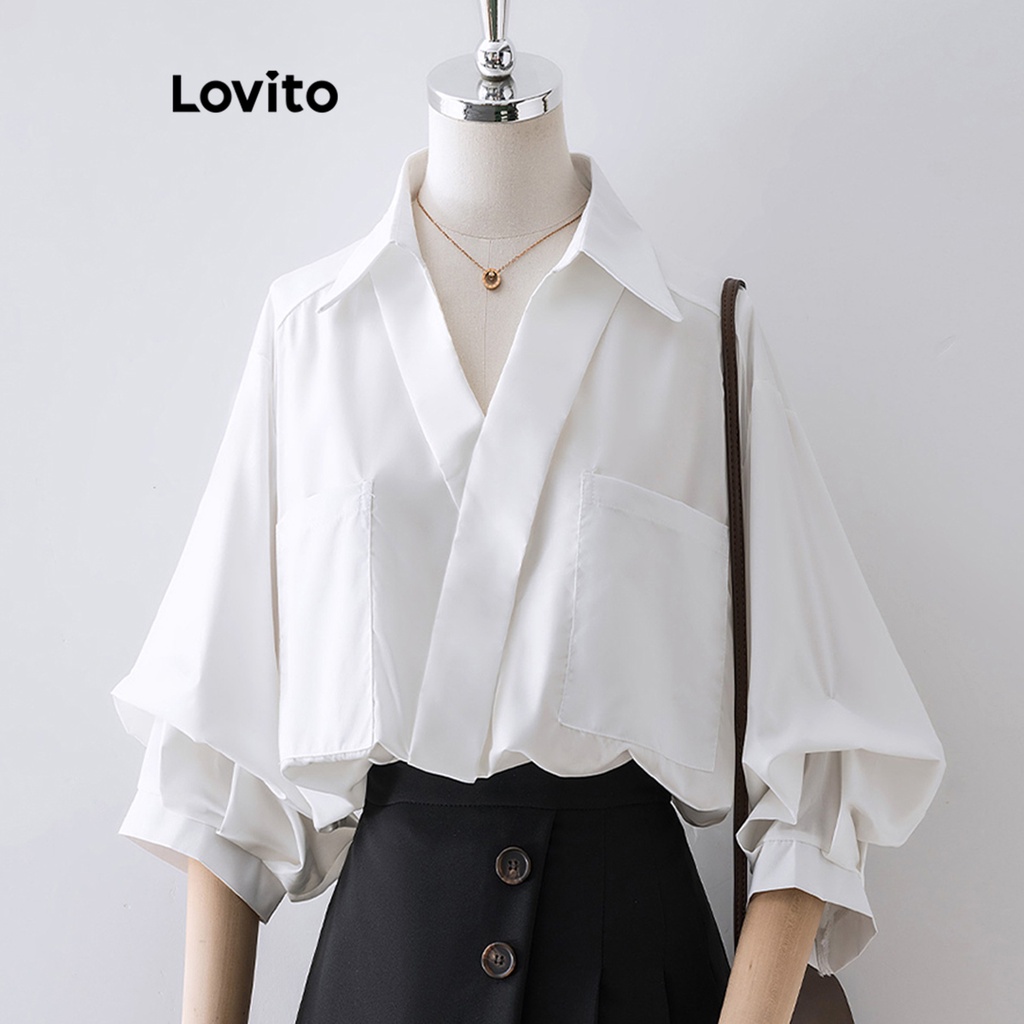 Lovito 女休閒素色不對稱口袋包覆襯衫 L77ED024
