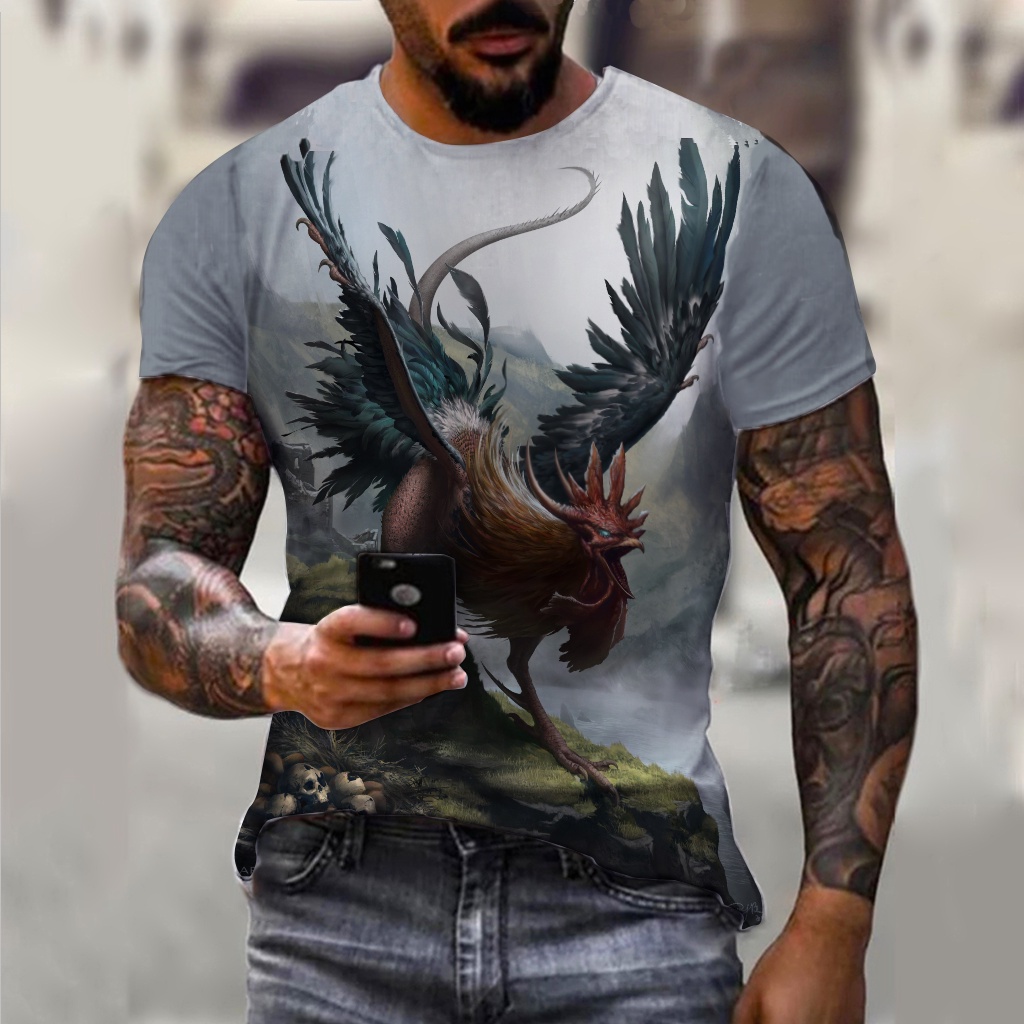 男士公雞 T 恤動物服裝 3D 印花 T 恤短袖夏季上衣嘻哈加大碼 T 恤