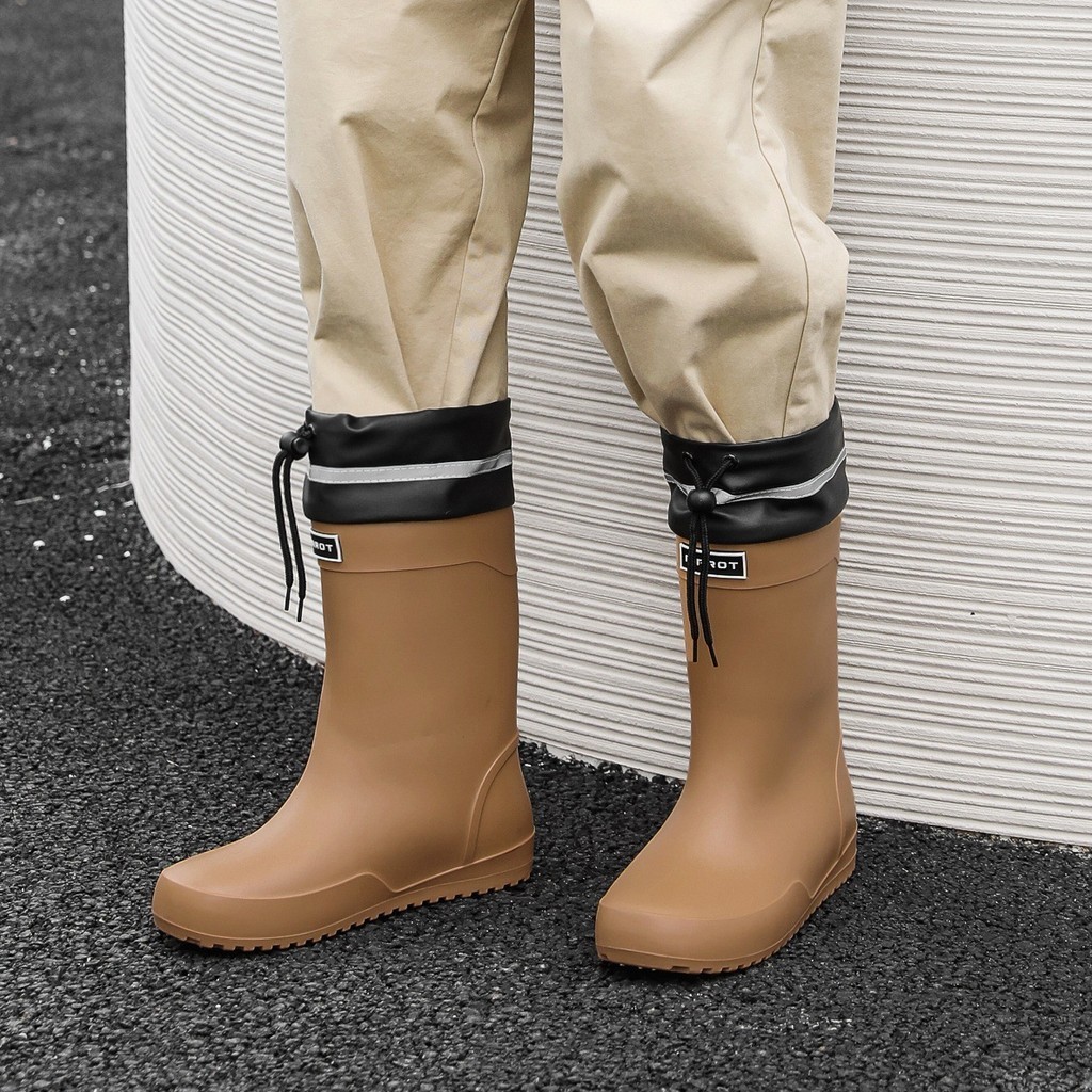 高檔中筒平底雨鞋男款收束口加固定雨靴大尺碼防水膠鞋