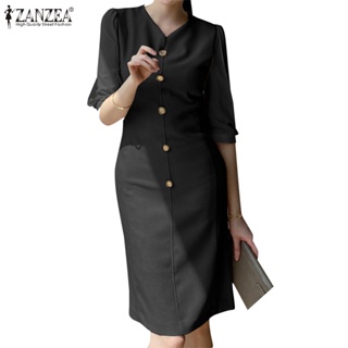 Zanzea 女式韓版圓領短袖修身單排扣連衣裙