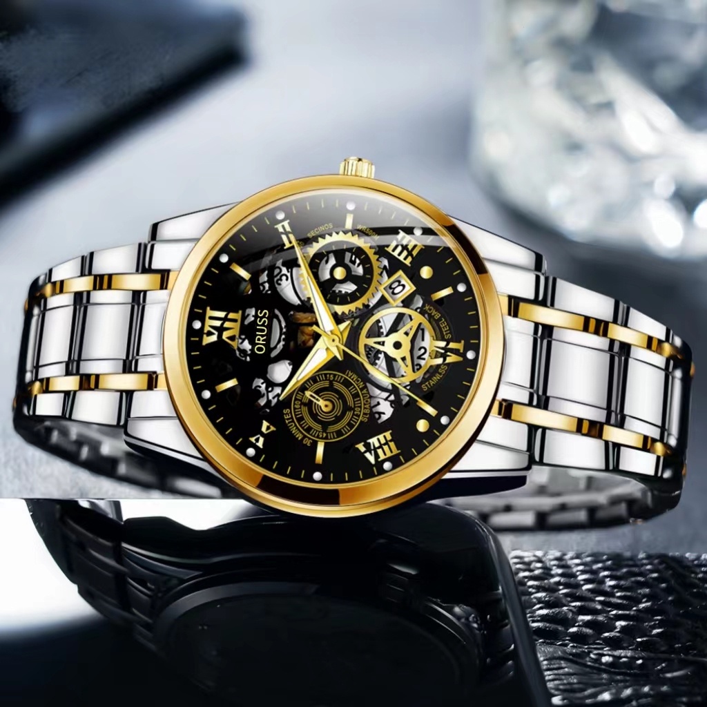 原裝豪華黃金不鏽鋼瑞士商務時尚防水鏤空自動石英手錶男士腕錶