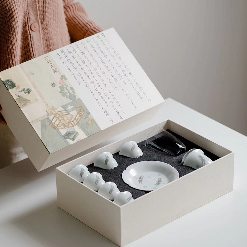 羊脂玉白瓷幾歡藍蜻蜓茶道茶具組合家用功夫茶具套裝禮盒