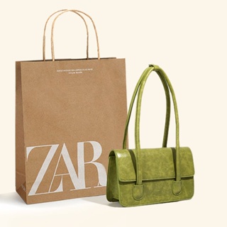 Zara 綠油蠟皮革腋下包女士 2023 新款百搭手提包高品質質感小號奢華手提包