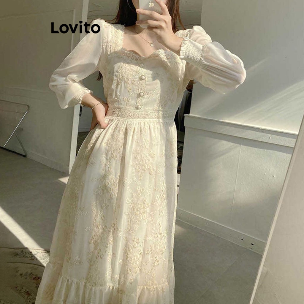 Lovito 女款休閒素色褶皺布料拼接蕾絲洋裝 LNE31258 (白色)
