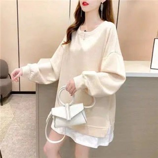 【現貨】M-5XL 大尺碼上衣 假兩件上衣 寬鬆上衣 長袖上衣 秋季女裝加肥加大尺碼寬鬆寬鬆假兩件百搭長袖上衣