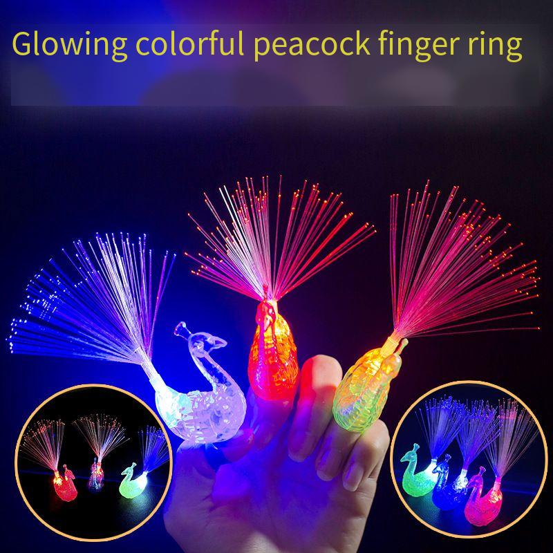 發光孔雀手指燈變色孔雀開屏光纖燈兒童發光戒指玩具