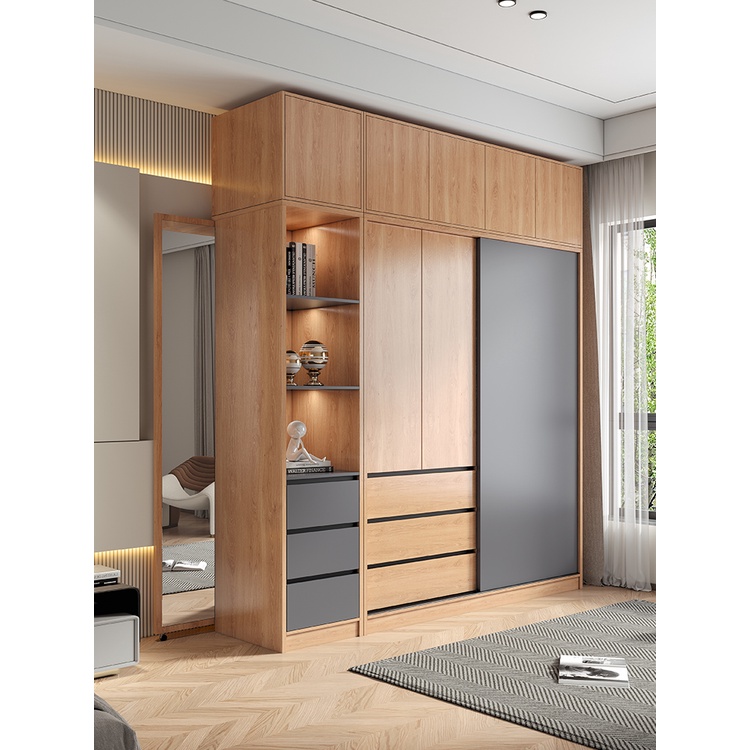 北歐實木推拉門衣櫃家用卧室顆粒板現代簡約小戶型原木色收納衣櫥