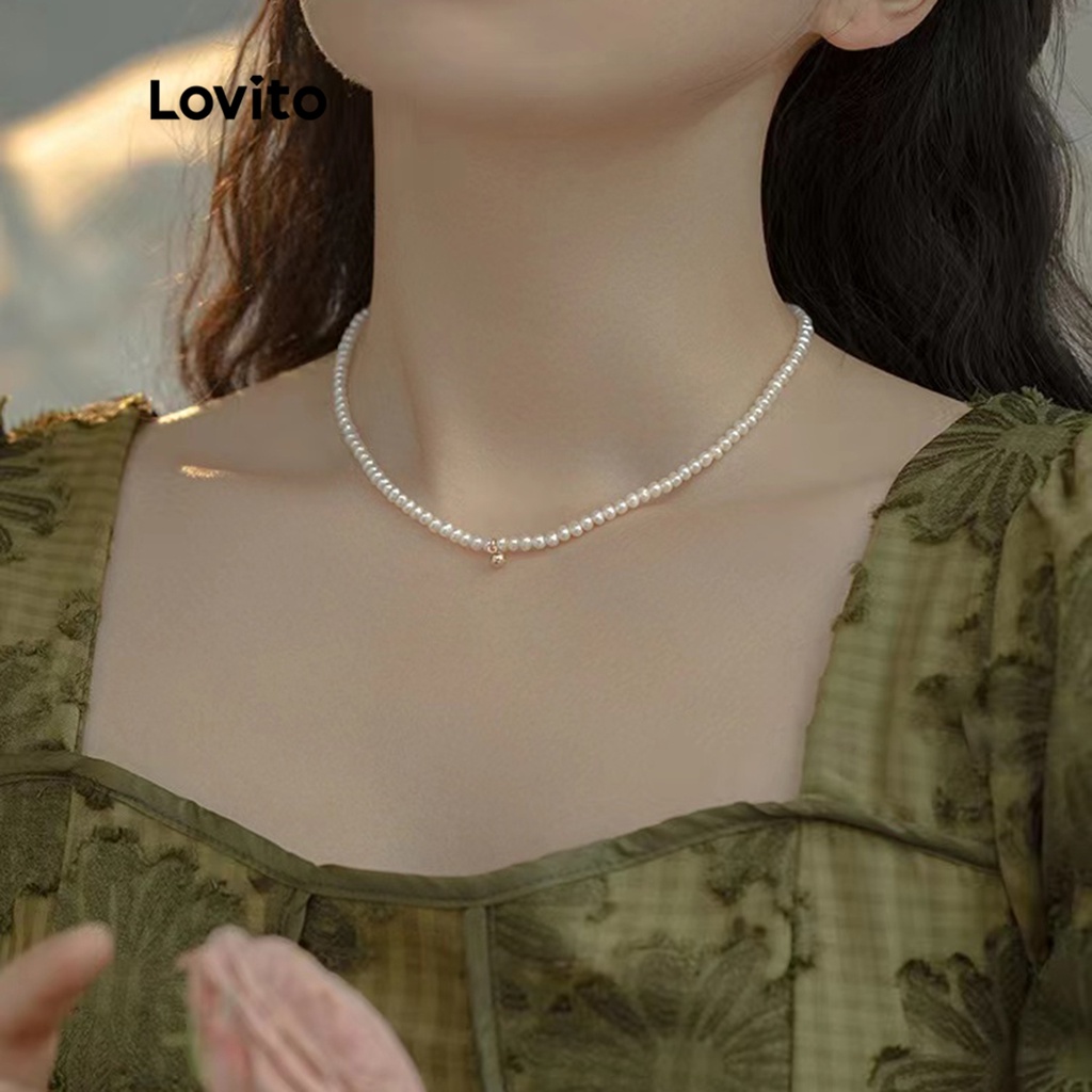 Lovito 女士休閒素色珍珠項鍊 LNA14111 (白色)