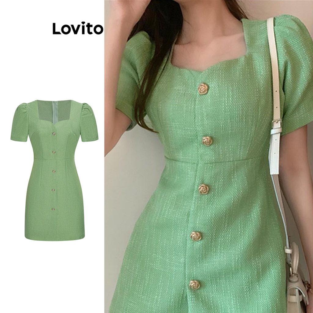 Lovito 休閒素色扇貝珍珠結構系列-女士甜心洋裝 L68ED299 (青綠色)