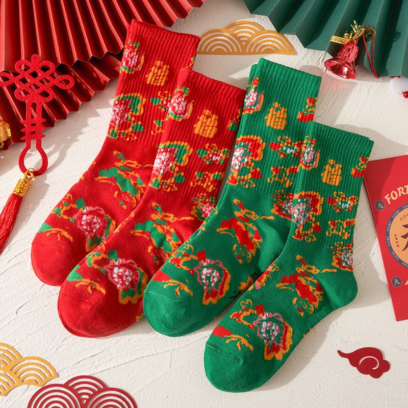 ✓ 耶誕襪✓ 現貨 東北大花 襪子 女兔冬季本命年懷舊個性中國風中筒襪大紅 襪子 男禮盒