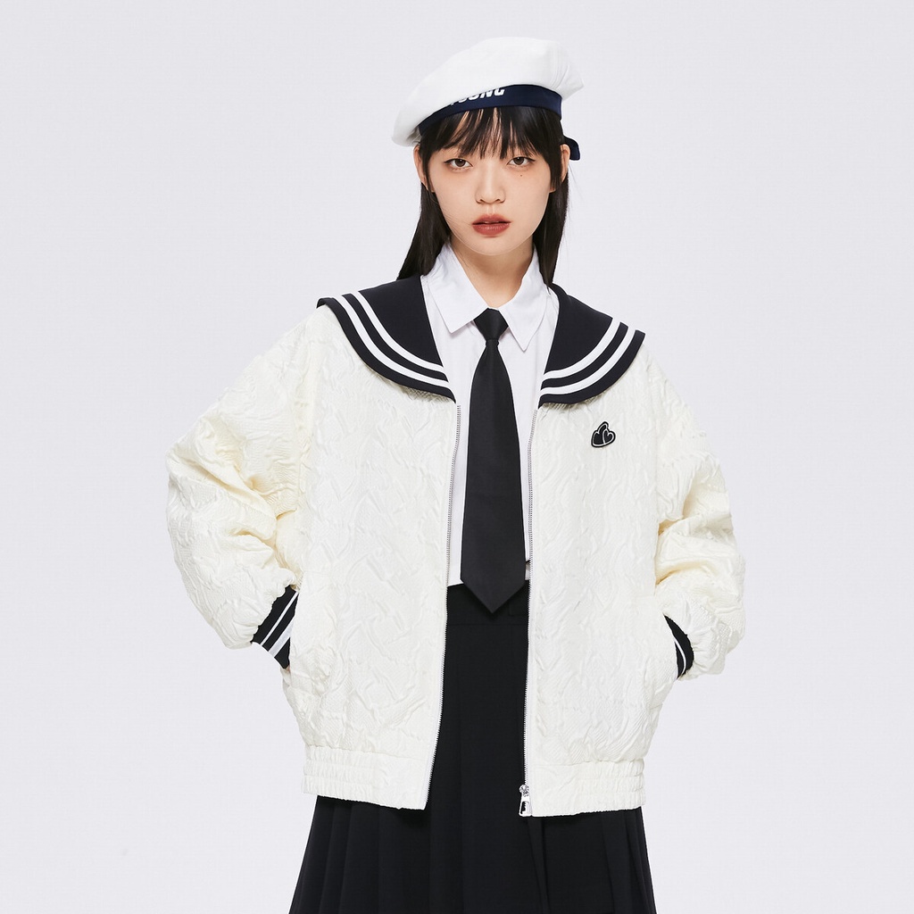 森馬大衣女海軍領撞色乳白色甜美2023秋季新款寬鬆質感上衣氣質外套
