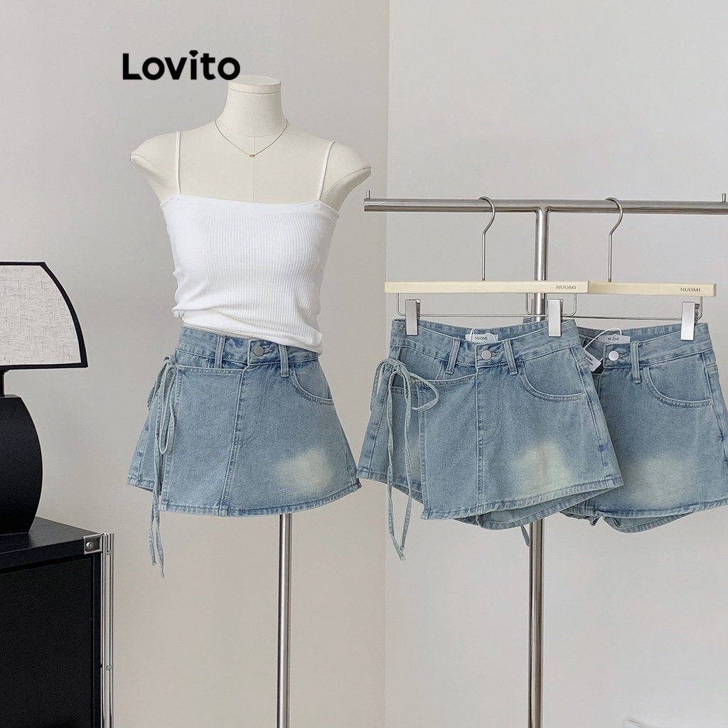 Lovito 女士休閒純色口袋繫帶牛仔短褲 LNA17136 (藍色)
