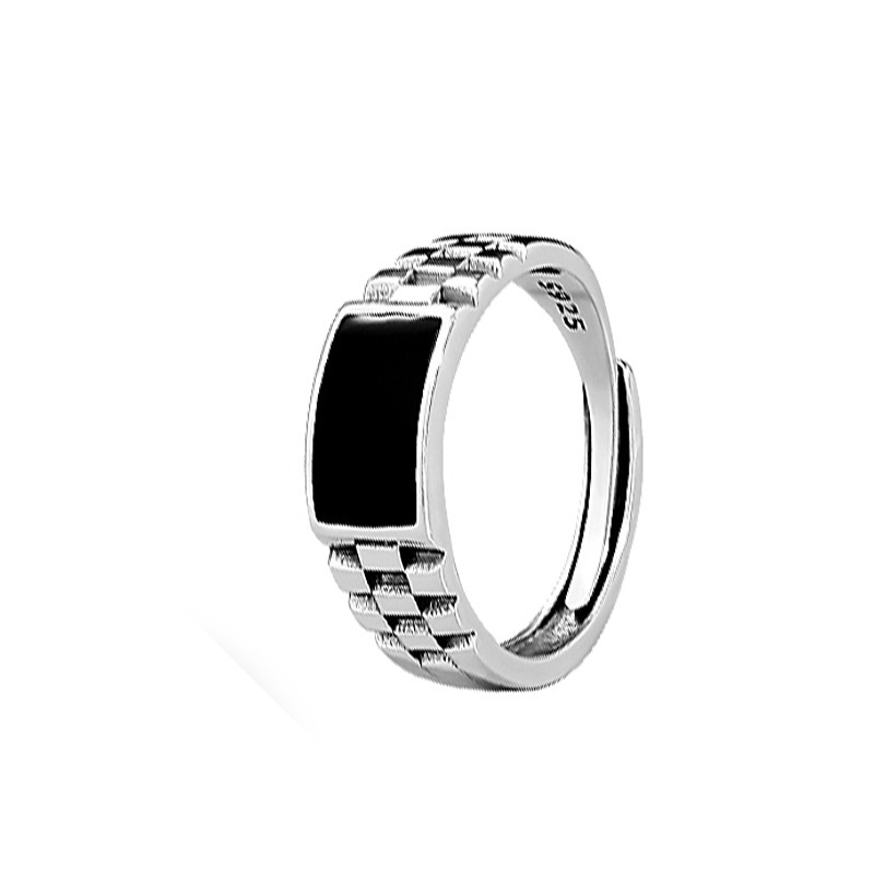 最新水晶黑色長方形戒指男結婚手指配件經典方形可調節戒指男士首飾