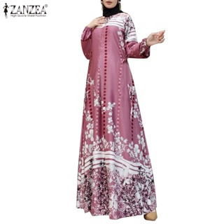 Zanzea 女式穆斯林風格印花燈籠袖前領拉鍊 A 下擺長連衣裙