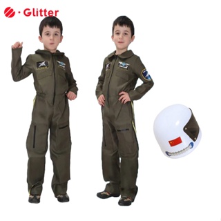 兒童空軍飛行員飛行宇航員角色扮演服裝兒童男孩女孩長袖綠色太空連身衣制服頭盔士兵嬰兒兒童男孩角色扮演工作服套裝