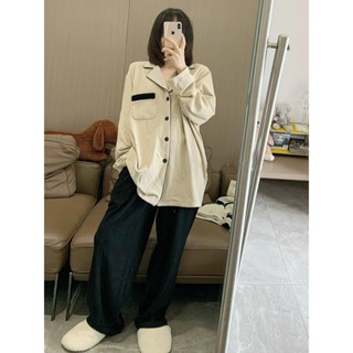 韓版ins風撞色德絨睡衣女秋冬季刷毛加厚保暖簡約休閒家居服套裝