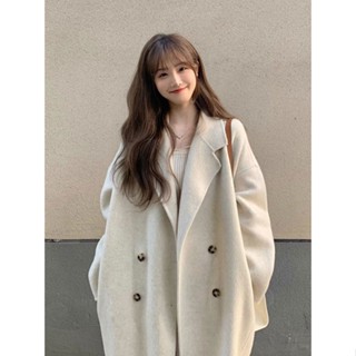 秋冬新款 韓系女裝大衣 輕奢高階感 御姐氣質 加厚中長款網紅毛呢外套 爆款ins 三色可選（優推白色）