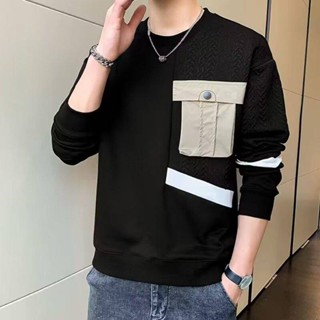 【宅男屋】男士工裝圓領衛衣春秋新款潮牌大學T 男生長袖t恤 潮流寬鬆百搭長袖上衣 長T男 大學T男 LR432