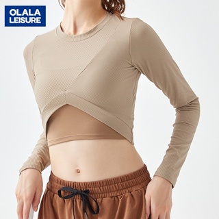 OLALA 交叉短版圓領緊身顯瘦t恤女露肚運動長袖上衣女子休閒瑜伽健身服