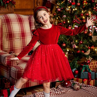 耶誕可愛時尚洋裝 兒女童長袖秋季網紗星空亮片生日禮物新年派對蓬蓬公主洋裝2-8歲