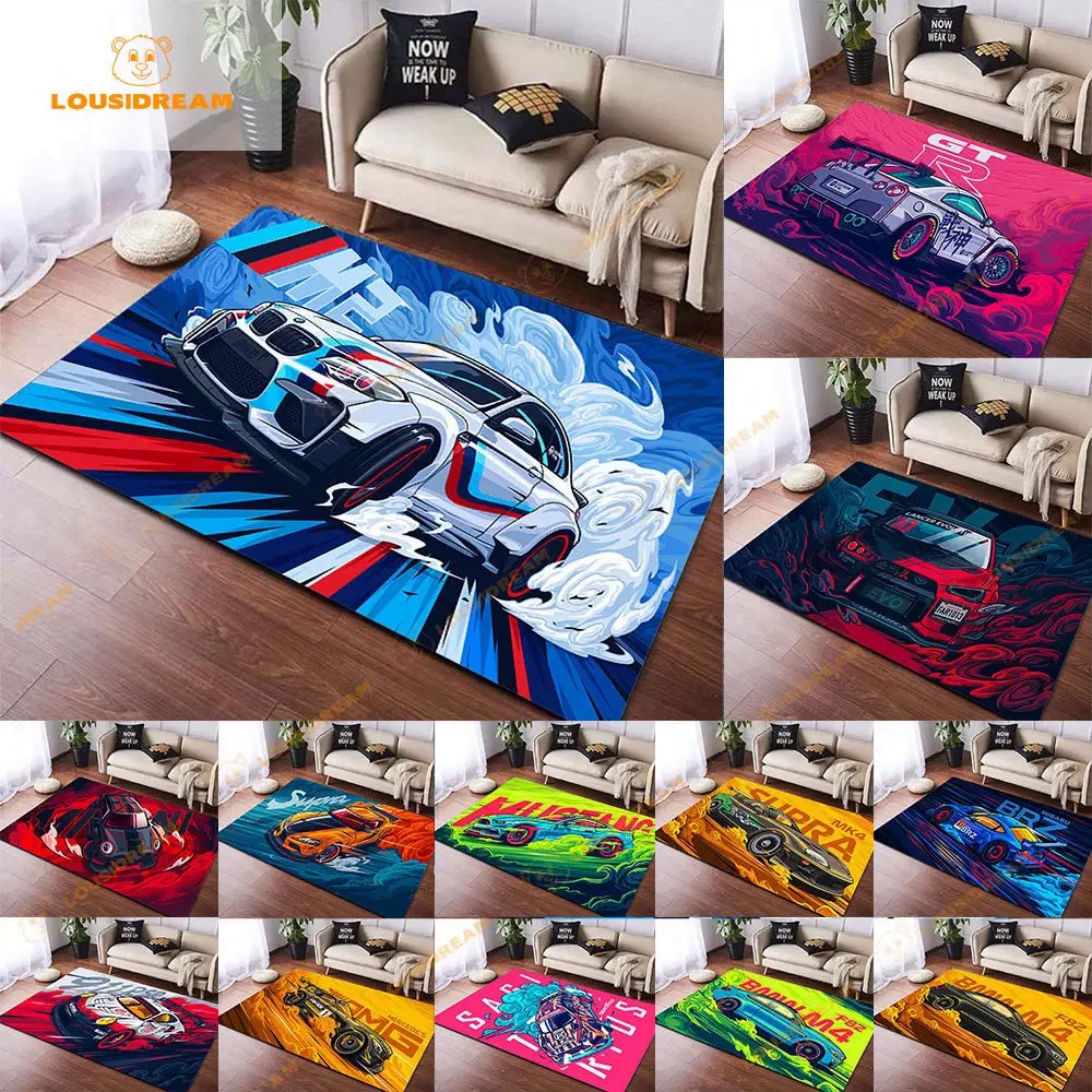 賽車圖案藝術品地毯臥室客廳涼爽F1地毯廚房地墊家居裝飾防滑地墊地毯