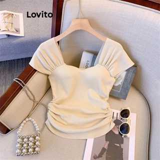 Lovito 女式優雅素色褶襉T恤 LNE18011 （杏色）