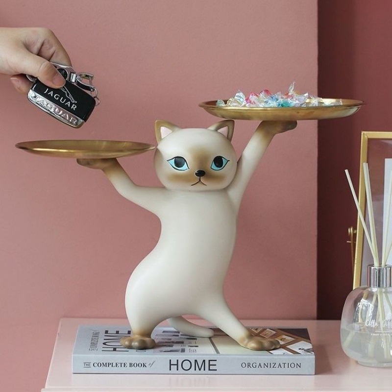 創意沙雕妖嬈貓玄關鑰匙收納托盤擺件家居桌面貓咪樹脂禮物高級感